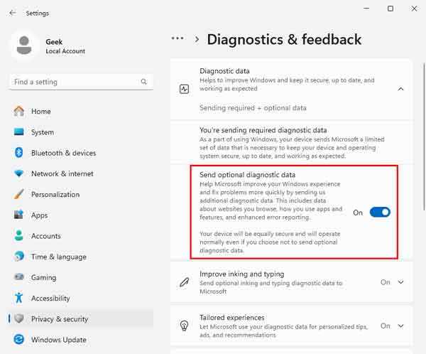 The advanced options for diagnostics and feedback inside of Windows 11