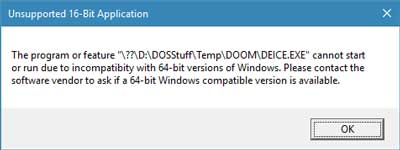 16-bit error message inside of Windows 10