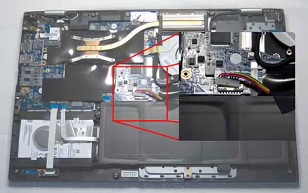 A typical internal battery connection inside of a laptop computer