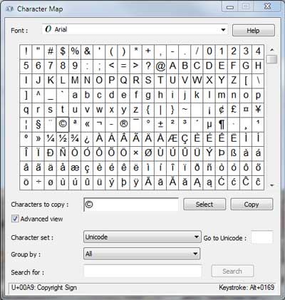 Character Map inside of Windows 7