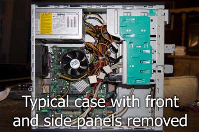 Typical computer case with front and side panels removed