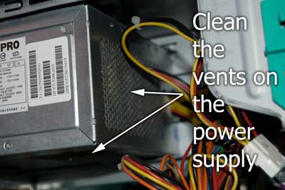 Clean the vents and/or cooling fan on the power supply