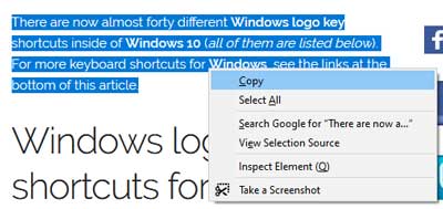 Copying text to the Clipboard using the context menu inside of Windows 10