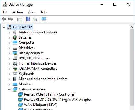 Device manager open to network adapters