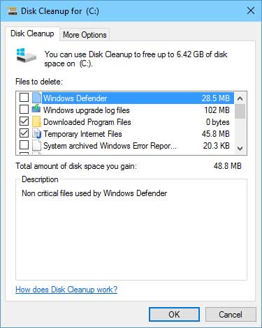 Disk Cleanup system options in Windows 10
