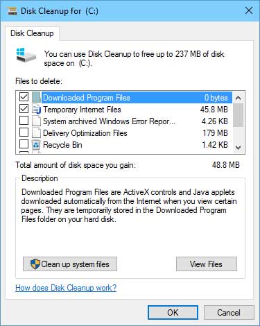 Disk Cleanup user options in Windows 10