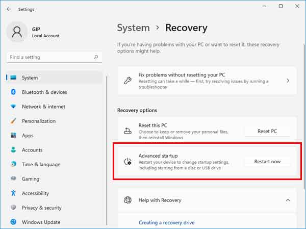 How to get to the Advanced Boot Options when logged in to Windows 11