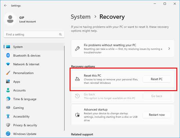 How to get to the Reset this PC when logged in to Windows 11