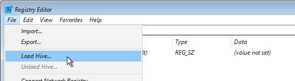 Load hive selection in the registry editor