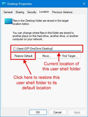 Location tab on the properties of a Desktop special folder