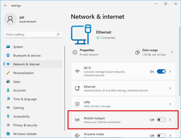 Mobile hotspot highlighted in the Network & Internet properties inside of Windows 11