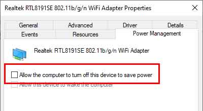 Network adapter properties power management tab