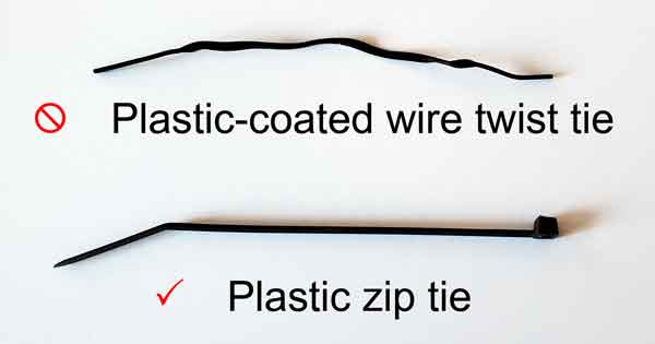 Photo of plastic coated wire tie and plastic zip tie side by side