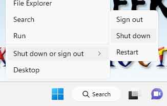 Power users shut down button location in Windows 11