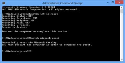 Reset the TCP/IP stack and Winsock interface using an administrator command prompt