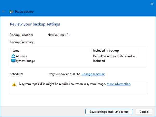 Review your Windows Backup settings