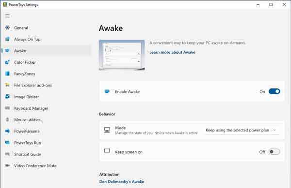Screen capture of the Awake PowerToy for Windows 10 / Windows 11