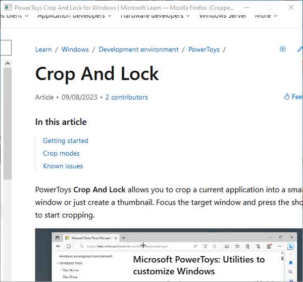 Screen capture of the Crop And Lock PowerToy