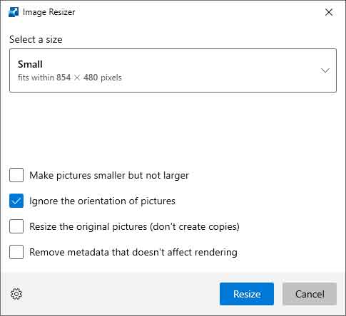 Screen capture of the Image Resizer PowerToy for Windows 10 / Windows 11