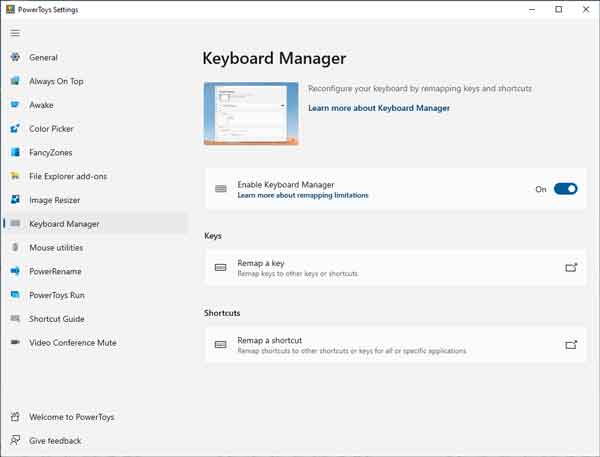 Screen capture of the Keyboard Manager PowerToy for Windows 10 / Windows 11