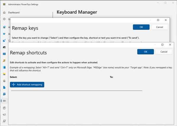 Screen capture of the Keyboard Manager PowerToy