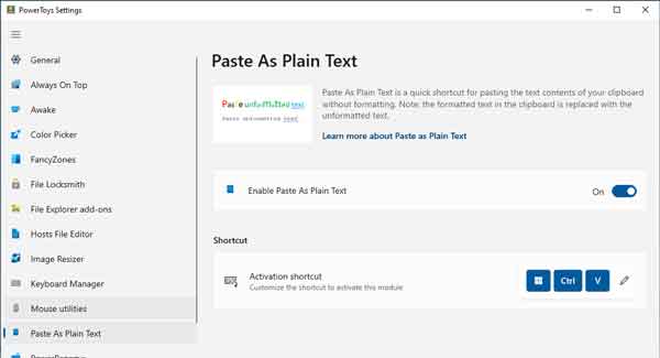 Screen capture of the Paste as Plain Text PowerToy