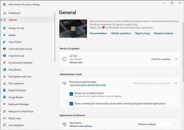 Screen capture of the PowerToys General Settings for Windows 10 / Windows 11