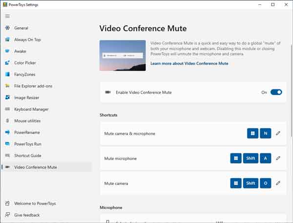 Screen capture of the Video Conference Mute PowerToy for Windows 10 / Windows 11