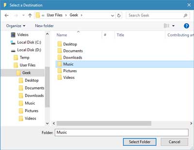 Select the new location of a user folder inside of Windows 10