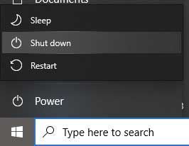 Shut down button location in Windows 10