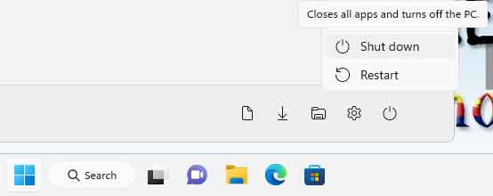 Shut down button location in Windows 11