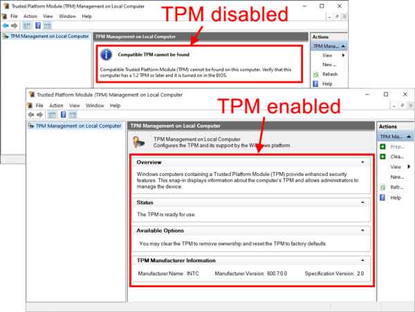 TPM status inside of Windows 10