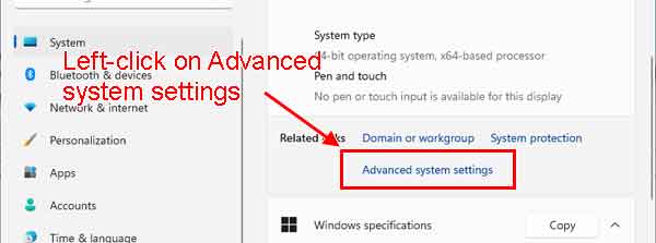 The Advanced system settings link inside of Windows 11