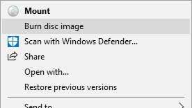 The Burn disk image option highlighted on the ISO file context menu inside of Windows 10