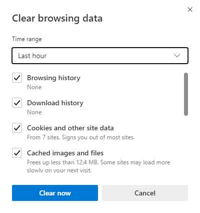 The Clear browsing data dialog box inside of Microsoft Edge