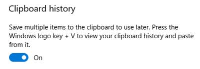 The Clipboard history switch inside of Windows 10 Settings
