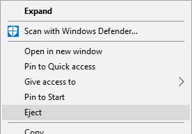The Eject option highlighted on the ISO file context menu inside of Windows 10