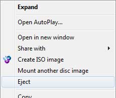 The Eject option highlighted on the ISO file context menu inside of Windows 7