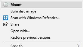The Mount option highlighted on the ISO file context menu inside of Windows 10