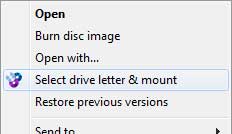 The Mount option highlighted on the ISO file context menu inside of Windows 7