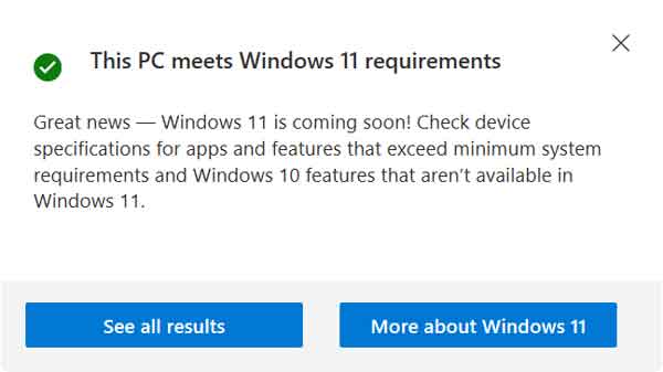 The PC Health Check app running on Windows 10