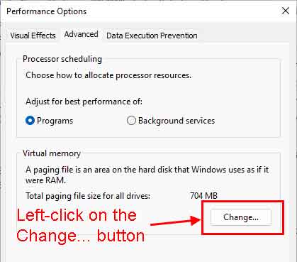 The Performance Options dialog box inside of Windows 11