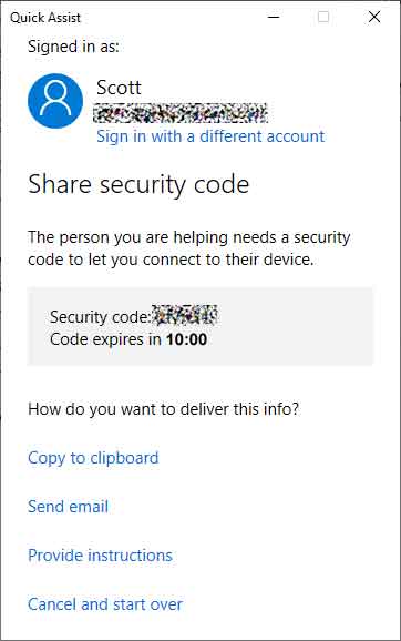 The Quick Assist share security code dialog box