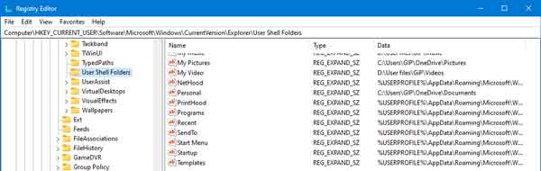 The Registry Editor open to the user shell folders registry keys