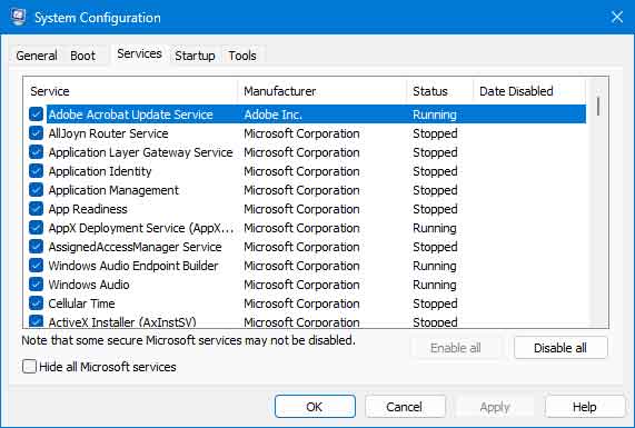 The Services tab inside of System Configuration