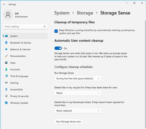 The Storage Sense feature inside of Windows 11 Settings