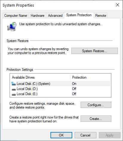 The System Protection tab of the System Properties dialog box inside of Windows 10