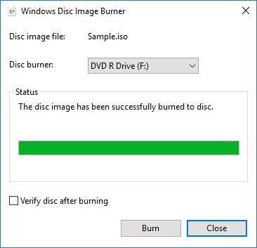 The Windows Disc Image Burner screen verifying the disc has been burned inside of Windows 10 