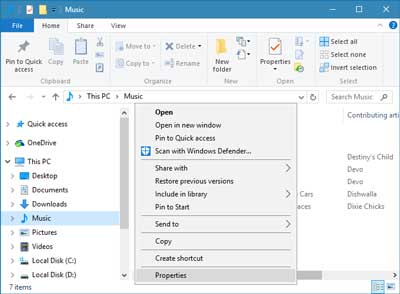 The context menu for user folders inside of Windows 10