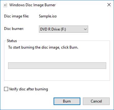 The main Windows Disc Image Burner screen inside of Windows 10